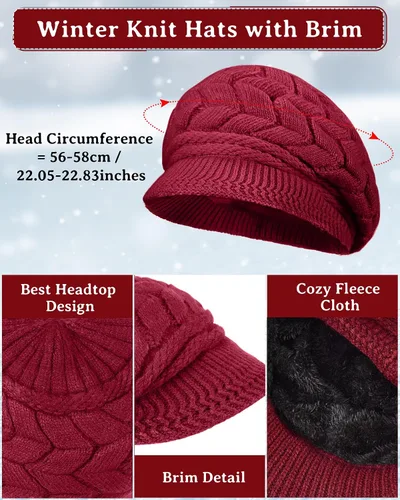 Vista 2 de SATINIOR Juego de 4 gorros y guantes de invierno para mujer, gorro de punto cálido, gorro de esquí de nieve con visera y guante para pantalla rojo