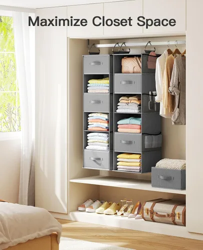 Vista 5 de Pipishell Organizador colgante de armario con 6 estantes, estantes colgantes para armario con 3 cajones extraíbles y bolsillos laterales