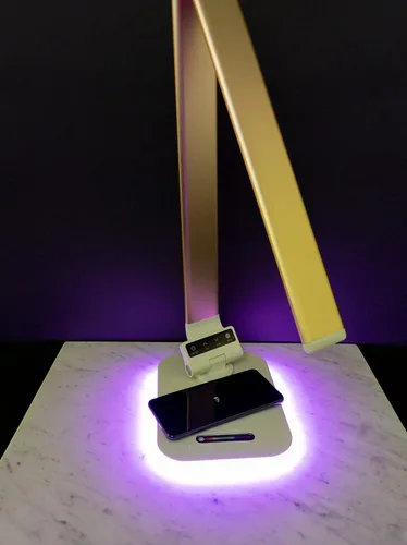Vista 6 de Lámpara de escritorio con luz de acento RGB, cargador inalámbrico, puerto USB, controles de luz regulables (oro rosa)