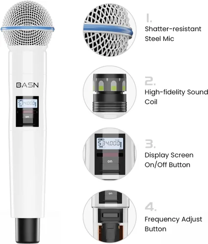 Vista 5 de BASN UHF Sistema de micrófono inalámbrico de doble canal, micrófonos de mano para escenario, karaoke, bodas, DJ y eventos (negro)