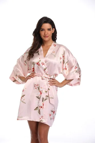 Vista 2 de Bata de satén para mujer, corta, sedosa, para dama de honor, novia, despedida de soltera, ropa para dormir
