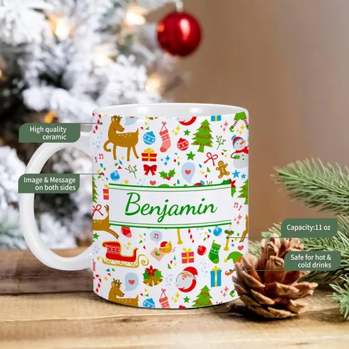 Vista 4 de Taza de cerámica de Navidad personalizada para niños, niñas, adultos con nombre personalizado, tazas de café de chocolate caliente, taza de té de 11