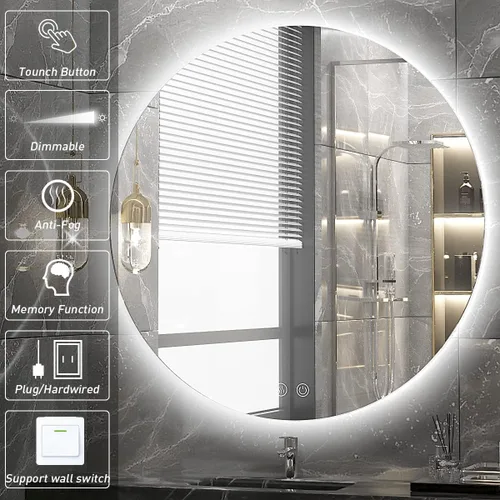 Vista 3 de Espejo de baño LED redondo de 30 pulgadas, retroiluminación de luz diurna de 6000 K, antivaho y regulable, espejo impermeable sin marco con control