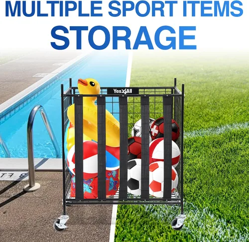 Vista 5 de YES4ALL Carrito de almacenamiento de bolas rodantes con ruedas bloqueables, soporte de baloncesto de voleibol, cubo de pelotas de juguete, jaula