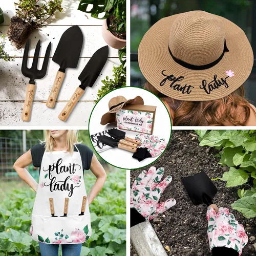 Vista 2 de Percozzi Plant Lady - Herramienta de jardinería para mamá, kit de herramientas de jardinería, sombrero de paja, delantal floral, guante para su
