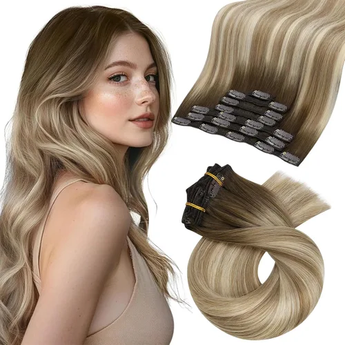 Vista 36 de Moresoo Extensiones de cabello humano con clip, balayage, color marrón oscuro a marrón dorado con clip, extensiones de cabello humano con clip, 5