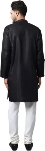 Vista 4 de Túnica Kurta para hombre - Vestido indio para hombre - Camisa de manga larga negra con bolsillo para hombre - Camiseta de manga larga negra
