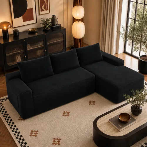 Vista 22 de Sofá seccional negro de 96.9 pulgadas, sofá modular de pana sin hueso con resortes y espuma de alta resistencia, asiento profundo compacto de gran