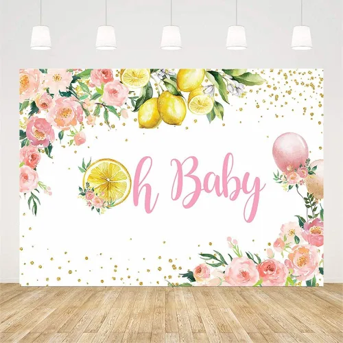 Vista 2 de SENDY Telón de fondo de baby shower de limón de 7 x 5 pies, suministros de decoración de fiesta de bebé para niña, globo rosa, floral, dorado