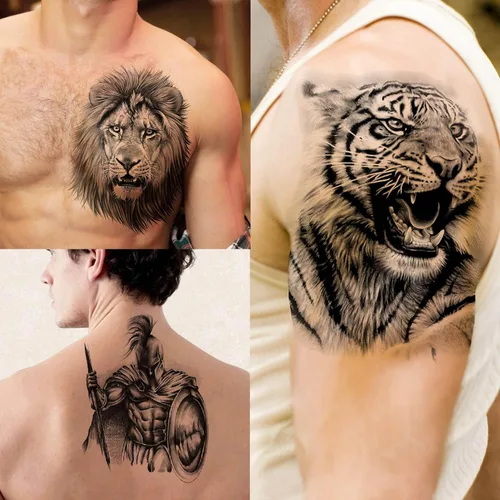 Vista 2 de 49 hojas de tatuajes temporales tribales negros para mujeres, hombres, adultos, brazo, cuerpo, de larga duración, lobo maorí, tigre, león, guerrero