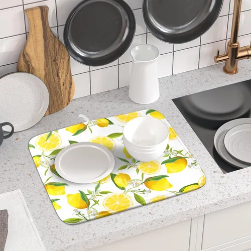 Vista 6 de Tapete de secado de platos de limón para encimera de cocina, de 16 x 18 pulgadas, tapete de secado de microfibra pequeña con acuarela, limón
