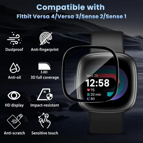 Vista 3 de 3 protectores de pantalla para Fitbit Versa 4, Fitbit Versa 3, Fitbit Sense 2, Fitbit Sense 2, protector de pantalla de cobertura completa