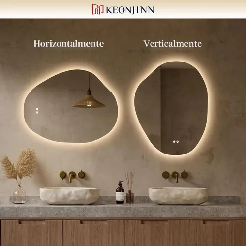 Vista 8 de Keonjinn Espejo de baño retroiluminado asimétrico de 22 x 30 pulgadas con luces, espejo LED irregular con vidrio templado HD, controlador LED