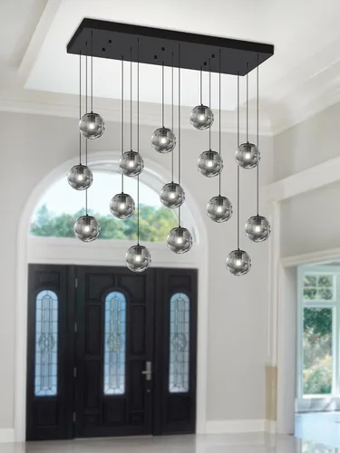 Vista 47 de ykolupty Lámpara colgante negra de 1 luz moderna de globo de vidrio gris ahumado, luces colgantes para isla de cocina, luces colgantes ajustables