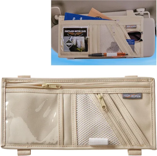 Vista 7 de High Road Organizador de visera de automóvil con bolsillos con cremallera, funda para lentes de sol y bolsillo transparente para fotos o registro