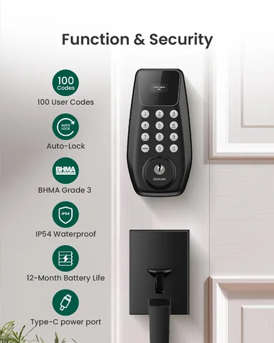 Vista 6 de DESLOC C100 - Cerradura de puerta de entrada sin llave con asa, cerradura inteligente para puerta delantera con 2 llaves, bloqueo automático, 100