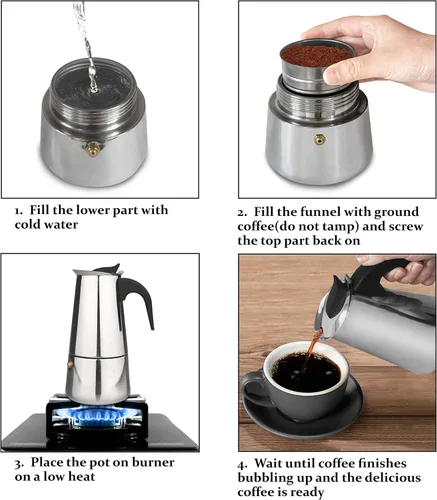 Vista 5 de elabo Máquina de café expreso y olla Moka para estufa de gas o cerámica eléctrica, cafetera italiana para espresso italiano, capuchino y café