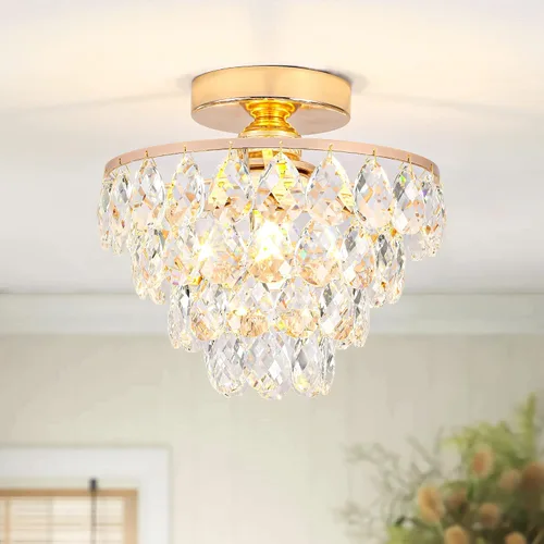 Vista 10 de Luupyia Mini lámpara de techo de cristal pequeña, moderna lámpara de techo de cristal para accesorios de pasillo, lámpara de araña plateada