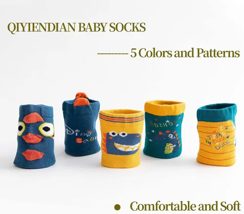 Vista 2 de QIYIENDIAN 5 pares de calcetines cálidos y acogedores con dibujos animados, colores sólidos para niños de 1 a 10 años