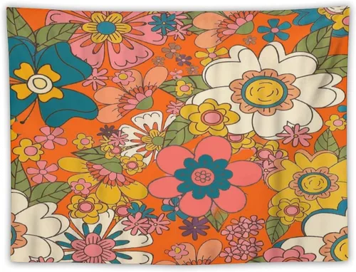 Vista 7 de Houselerax Tapiz floral retro de los años 60 y 70, diseño hippie de primavera Groovy Flower Power Flower Boho para colgar en la pared, arte neutro
