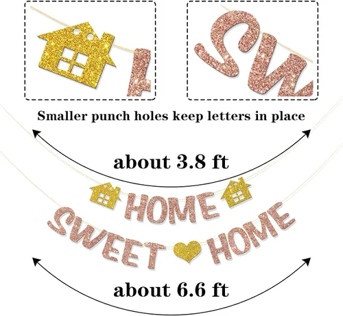Vista 2 de Home Sweet Home Banner – Suministros para fiestas de bienvenida a casa – Decoración de fiesta de inauguración de la casa – Purpurina de oro rosa