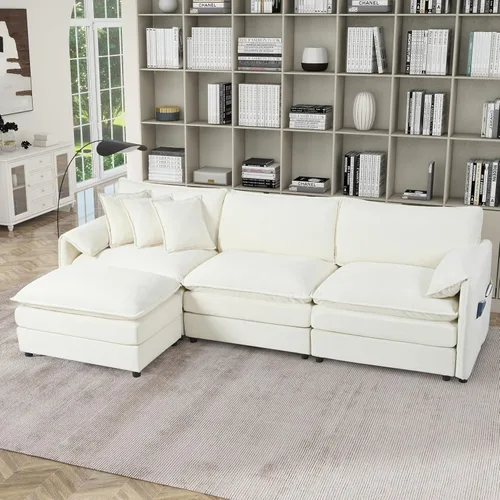 Vista 11 de Sofá modular modular en forma de L de 103.5 pulgadas para sala de estar, cómodos sofás de felpilla de 4 plazas con otomana móvil (crema)