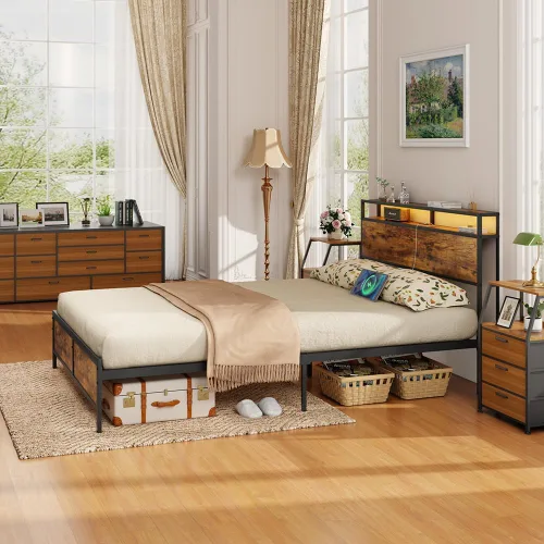 Vista 5 de Base de cama matrimonial con luces LED y 2 puertos de estación de carga USB, base de cama de plataforma de tamaño matrimonial, no necesita somier
