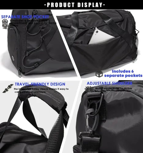 Vista 6 de Bolsa de gimnasio para mujeres y hombres, bolsa de lona para viajes con compartimento para zapatos y bolsillo húmedo, bolsa pequeña de mano