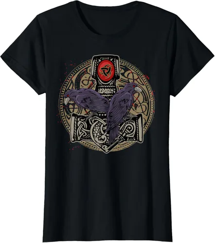 Vista 40 de Thors Hammer Mjolnir Huginn and Muninn Odin Raven - Camiseta, Negro, S