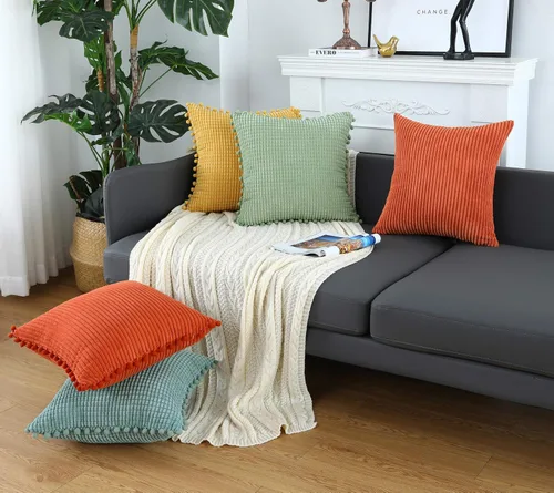 Vista 7 de Juego de 2 fundas de almohada de pana a rayas color naranja quemado
