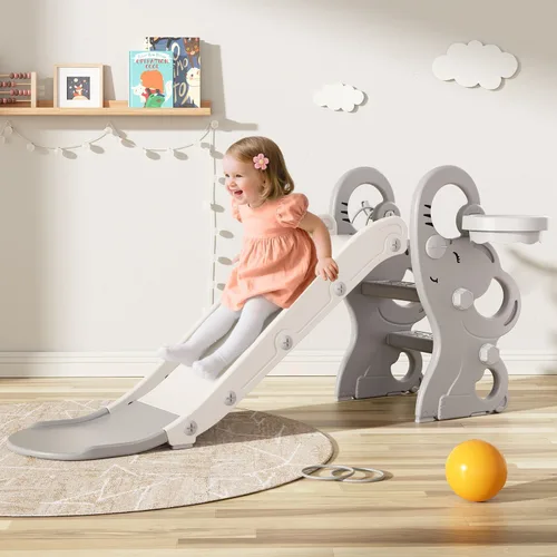 Vista 8 de Babytronic Tobogán para niños pequeños, juego de interiores y exteriores con aro de baloncesto y juego de anillos, tobogán plegable de plástico