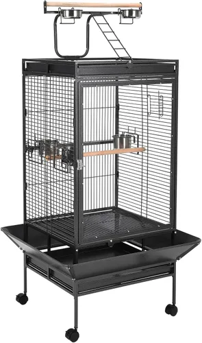 Vista 9 de Jaula grande de metal para pájaros de 60 pulgadas con soporte, jaula de loro rodante con estante de almacenamiento, bandeja deslizante, perca