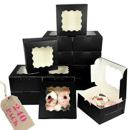 Vista 10 de Bakepacker 100 piezas Cajas Negras para Galletas 6x6x3 pulgadas Fácil Montaje Cajas de Pastelería Macarrones Cajas de Panadería con Ventana