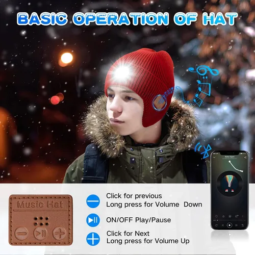 Vista 13 de Gorro Bluetooth con auriculares ligeros e inalámbricos, micrófono integrado y altavoces estéreo mejorados con música