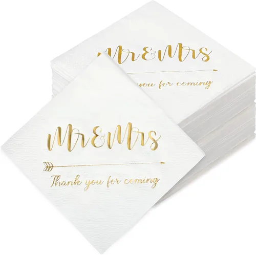 Vista 8 de Teling 200 servilletas de cóctel de boda, servilletas de papel de aluminio dorado, elegantes 3 Ply Mr and Mrs Desert Napkins, for Wedding