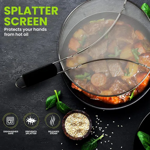 Vista 2 de Pantalla contra salpicaduras de grasa de 13 pulgadas para cocinar, protector de salpicaduras de aceite de acero inoxidable y malla ultrafina que