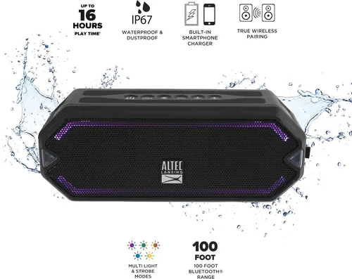 Vista 3 de Altec Lansing - Altavoz Bluetooth inalámbrico HydraJolt, altavoces portátiles impermeables con cargador de teléfono integrado y luces, todo a prueba