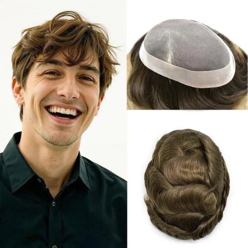Vista 102 de Mens Toupee Hair Piece Real Human Hair Fine Mono Toupee para hombres Sistema de reemplazo de cabello para hombre Postizo Protesis Capilar Para