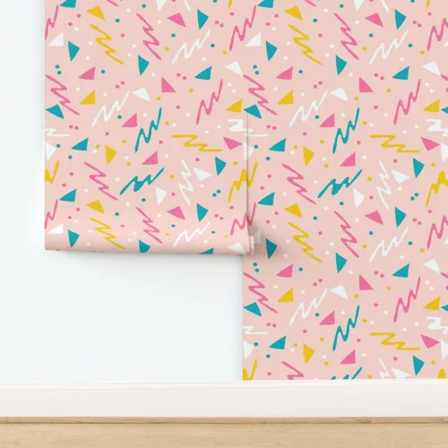 Vista 4 de Papel tapiz para despegar y pegar, diseño retro de los años 80, diseño abstracto de los años 1980, confeti de surf rosa para niños, papel tapiz