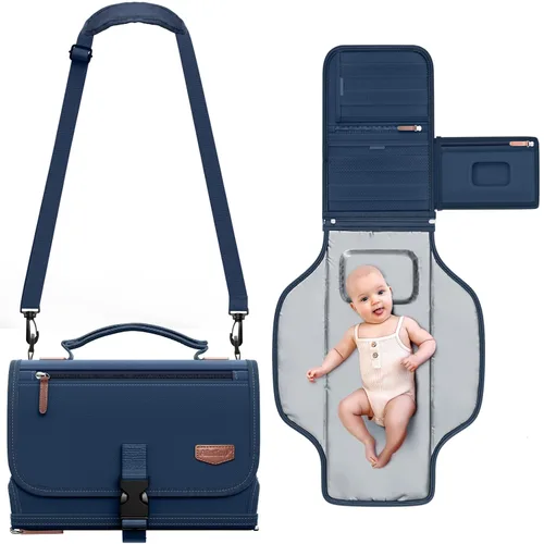 Vista 9 de Cambiador de pañales portátil con correa para el hombro, cambiador de viaje desmontable con bolsillo para toallitas para bebé, regalos para baby