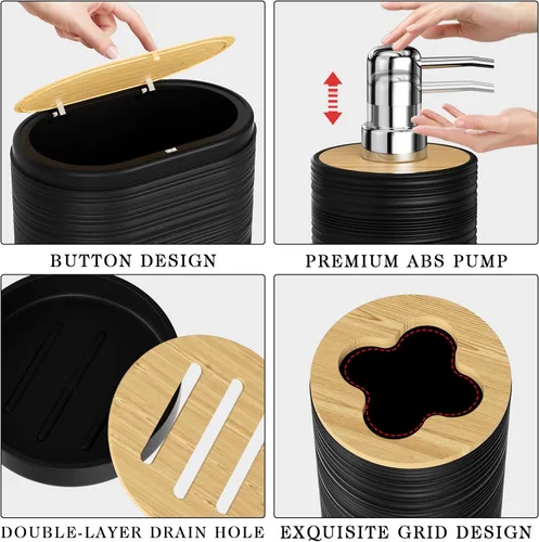 Vista 5 de XLHOMO Juego de 10 accesorios de baño color negro, juego de accesorios de baño de lujo con basura, cepillo de inodoro y 2 dispensadores de jabón