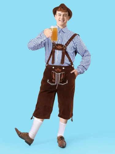 Vista 6 de SOMSOC Disfraz de Oktoberfest bávaro alemán para hombre, incluye Lederhosen para hombre con tirantes, camisa, calcetines y sombrero