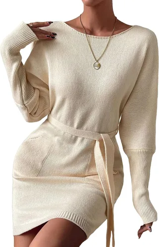 Vista 7 de Verdusa Vestido de manga larga con cuello barco y cinturón para mujer con bolsillo