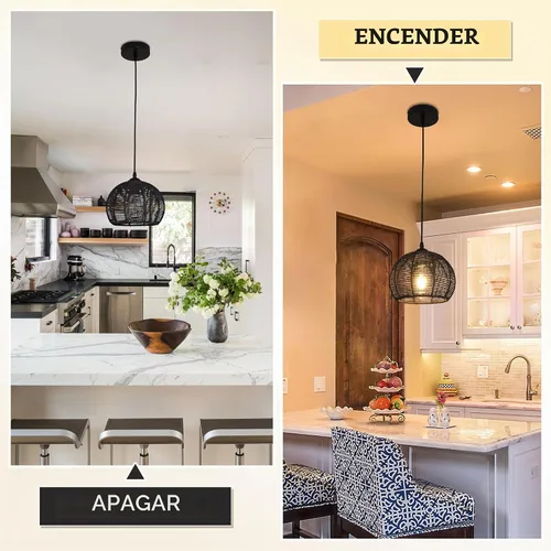 Vista 6 de Ayshwill Dec Lámpara de araña negra tejida estilo boho de ratán y mimbre con cúpula, lámpara colgante para comedor, dormitorio, isla de cocina