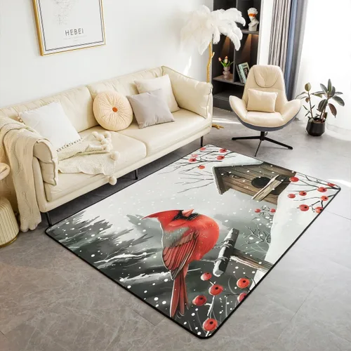 Vista 29 de Erosebridal Alfombra de área de Feliz Navidad para niños, cardenales rojos, alfombra de sala de estar, 3 x 5 mas, alfombra decorativa de cabaña