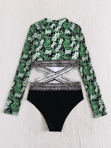 Vista 2 de WDIRARA Traje de baño de una pieza con estampado floral y manga larga con control de abdomen para mujer