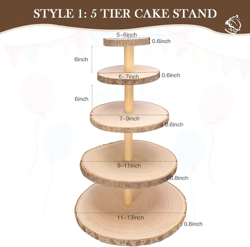 Vista 6 de Ayfjovs Soporte de madera para cupcakes de 5 niveles, soporte de madera rústica para tartas, soporte de exhibición de postres, rebanadas de madera