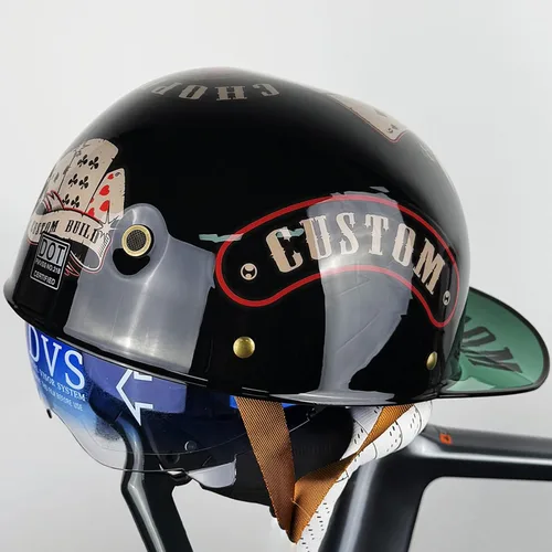 Vista 16 de Casco de motocicleta de cara abierta vintage, gorra de béisbol retro, aprobada por DOT, para hombres y mujeres y adultos, media carcasa con visera