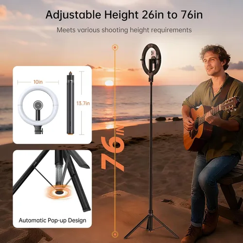 Vista 7 de Anillo de luz magnético de 10.2 pulgadas con trípode de 64 pulgadas para iPhone Mag Safe, anillo de luz recargable de 5000 mAh con soporte, trípode
