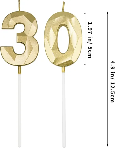 Vista 2 de Velas de 30 cumpleaños para pastel, velas doradas con forma de diamante 30, decoración de cumpleaños, suministros de fiesta para mujeres u hombres